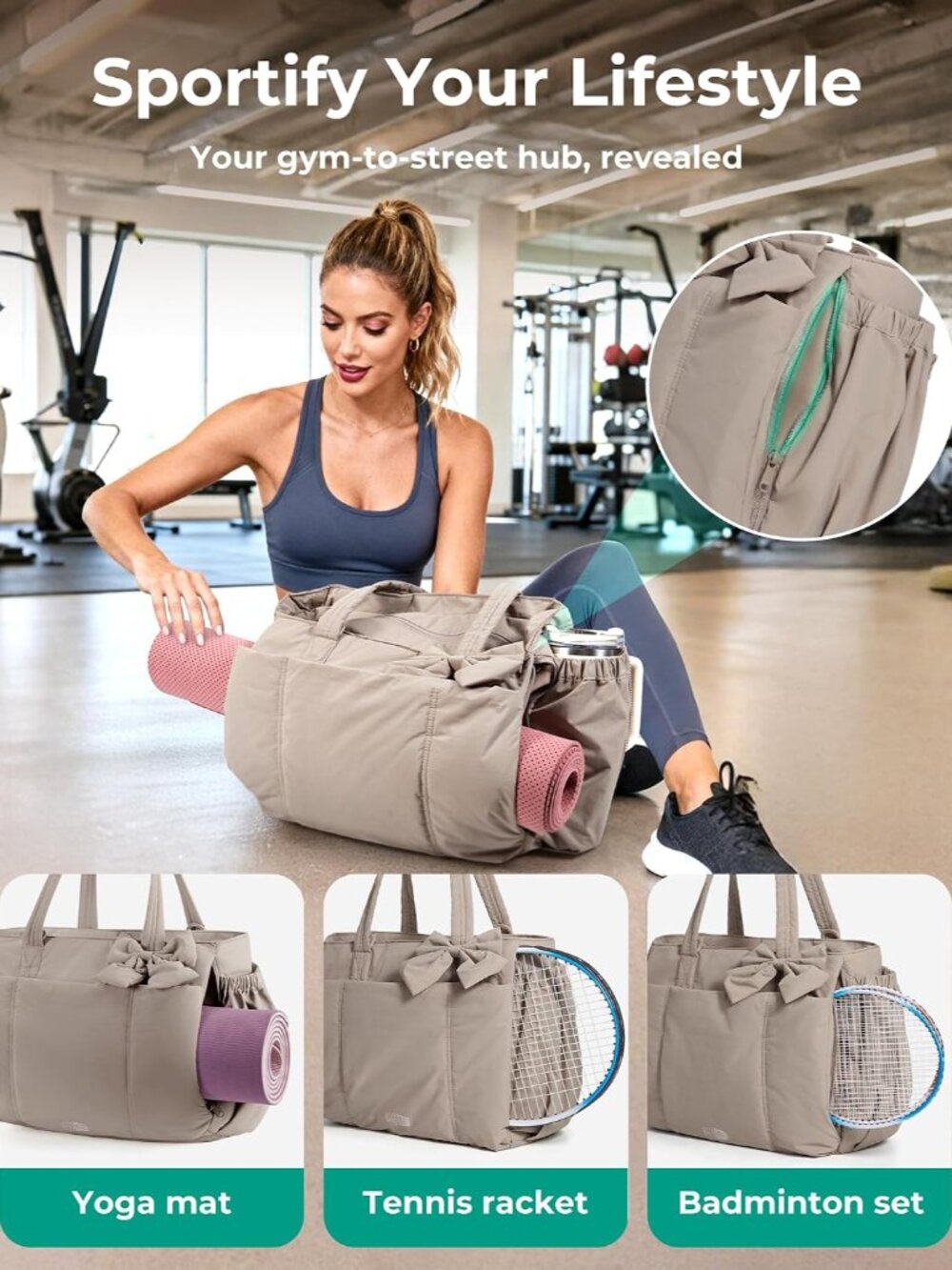Crush Bow Tote Bag for Women, Puffer Travel Work Yoga Laptop Bag - Picture 5 of 7